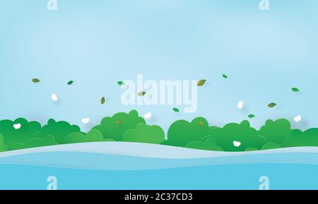 The river and green bushes with butterfly, Summer time Stock Photo