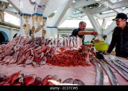 Essaouira, Morocco, Feb 2019: Man vendor selling raw fresh fish, crabs and seafood at street food market in harbor of Essaouira. Moroccan souk Stock Photo