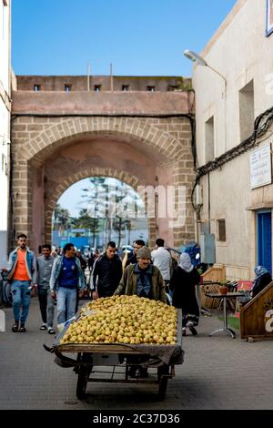 Essaouira, Morocco, Feb 2019: Old muslim man selling lemons and fruits from cart at traditional street market in Morocco. Moroccan old town medina Stock Photo