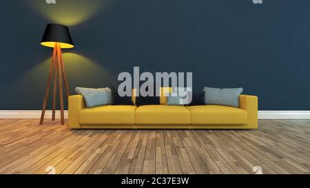 yellow seat with colorful pillow front dark blue wall 3d rendering Stock Photo