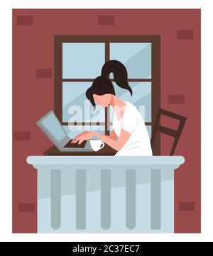 Freelancer working from home, student doing tasks on balcony Stock Vector