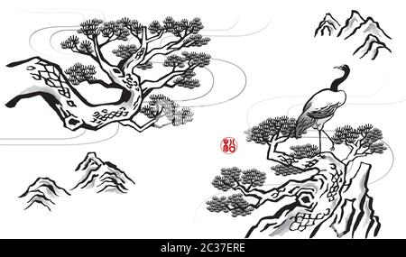 Elegant Chinese ink brush style pine tree drawing. Stock Vector