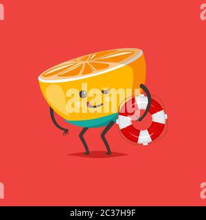 Funny Orange in swimming trunks with a life buoy. Vector cartoon fruit character isolated on background. Stock Vector