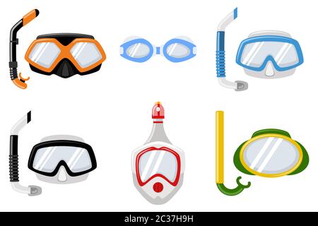 Snorkel masks for diving and swimming of different types. Vector cartoon flat icons set isolated on white background. Stock Vector