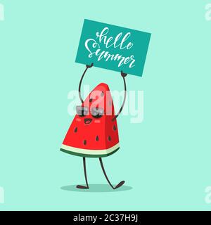 Funny Watermelon in sunglasses with a sign 'Hello Summer'. Vector cartoon fruit character isolated on background. Stock Vector