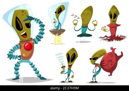 Funny green alien vector cartoon set. Cute extraterrestrial monsters character collection on UFO, in robot costume, with laser in hand and others. Ill Stock Vector
