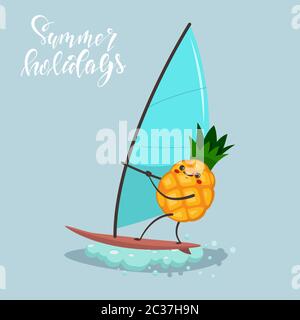 Funny Pineapple on windsurfing. Vector cartoon character of cute fruit of summer water activities. Illustration of sport and healthy lifestyle. Stock Vector