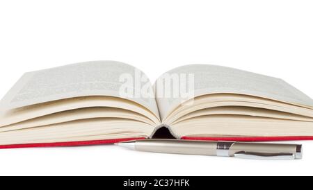 Open book with pen isolated on white background Stock Photo