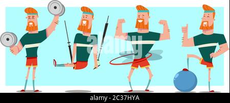 Man with beard doing fitness exercises with dumbbells, fit ball, hula hoop and trx training. Cute guy cartoon vector character set isolated on backgro Stock Vector