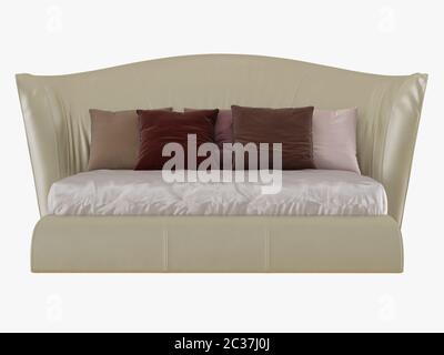 Large beige bed with a soft back and colored pillows front view 3D rendering Stock Photo