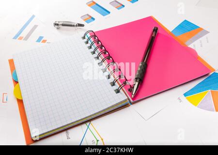 Study concept with school notebook, papers and a pen. Stock Photo