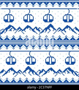 Mountains and gondolas ski, snowboard, hiking and climbing vector seamless pattern -  Fair Isle style traditional knitwear Stock Vector