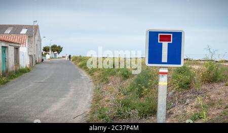 road sign indicating a dead end at the seaside on Yeu island, France Stock Photo