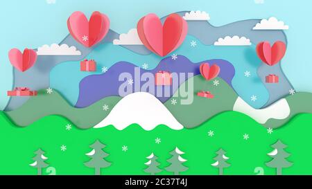3d rendering, 3d illustrator, Sending gifts by heart. Mountain and nature views Stock Photo