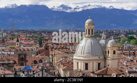 Turin, Torino, aerial timelapse skyline panorama with the Alps in the background. Italy, Piemonte, Turin Stock Photo