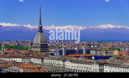 Turin Torino aerial timelapse skyline panorama with Mole Antonelliana, Monte dei Cappuccini and the Alps in the background. Italy, Piemonte, Turin. Stock Photo