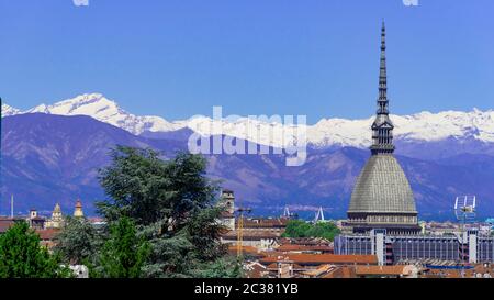 Turin Torino aerial timelapse skyline panorama with Mole Antonelliana, Monte dei Cappuccini and the Alps in the background. Italy, Piemonte, Turin. Stock Photo