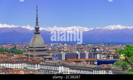 Turin Torino aerial timelapse skyline panorama with Mole Antonelliana, Monte dei Cappuccini and the Alps in the background. Italy, Piemonte, Turin. Stock Photo