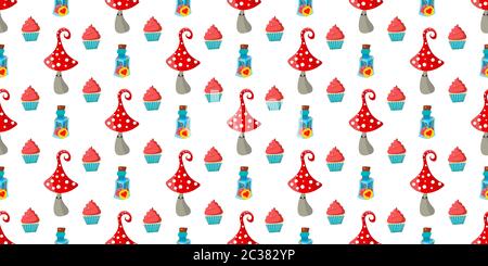 seamless childish pattern. Amanita mushrooms. Cupcakes and cakes. Alice in Wonderland. Stock Photo