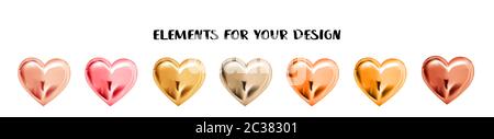 Set of metal hearts isolated on a white background. Elements for design. Horizontal banner for Valentine's Day. Golden heart. Stock Photo