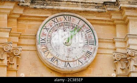Mdina - MALTA. Astronomical clock of St Paul's Cathedral in Mdina City. Mdina is populer tourist destination in Malta Stock Photo