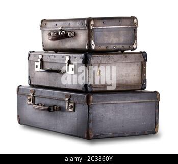 Stack of old suitcases isolated on white background Stock Photo