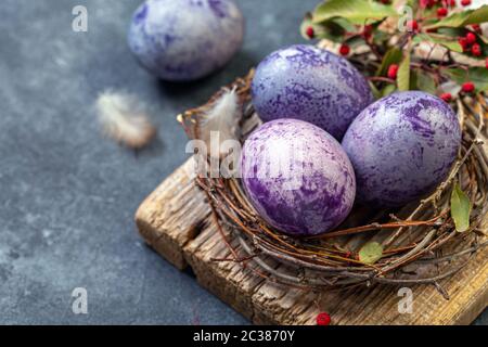 Blue and purple Easter eggs in the nest. Stock Photo