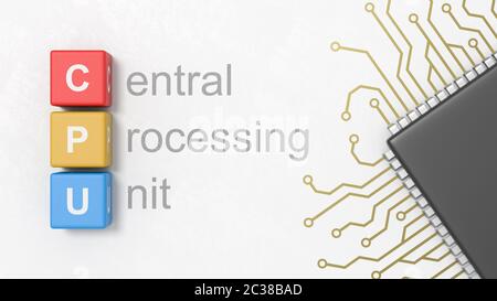 Black Central Processing Unit Text, CPU Colorful Cubes and Computer Microchip with Integrated Circuit on a Light Gray Plastered Background 3D Illustra Stock Photo
