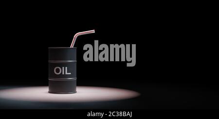 Black Oil Barrel with Drinking Straw Spotlighted on Black Background with Copy Space 3D Illustration Stock Photo
