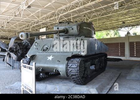 North Korea, Pyongyang - May 1, 2019: War relics taken from the enemy in the Victorious Fatherland Liberation War Museum. M4A3 Sherman USA Tank captur Stock Photo