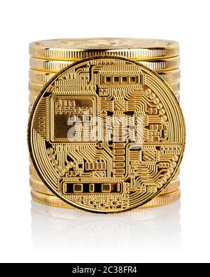 Stack and the back of the crypto currency gold bitcoin. Isolated on white background. The concept of the development of crypto-currency bitcoins and v Stock Photo