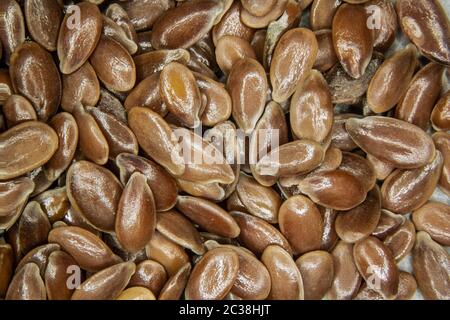 brown flax seeds under the magnifying glass Stock Photo