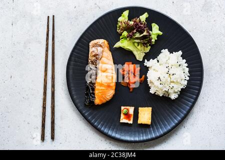 Grilled Salmon Teriyaki with Rice ,Salad and Miso Soup Stock Photo