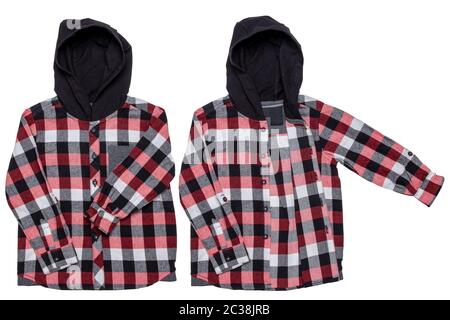 Hoodie isolated. Close-up of a trendy red checkered hoodie shirt with long sleeves for boy isolated on a white background. Childrens spring, autumn an Stock Photo