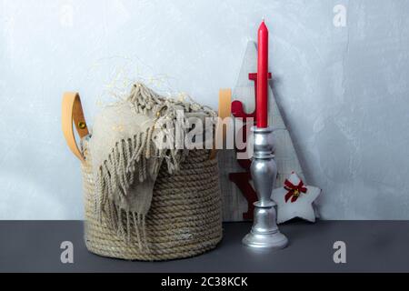 Basket with spa supplies on grey background Stock Photo - Alamy