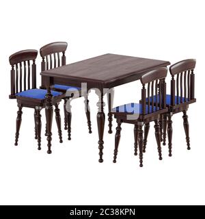 Brown wooden table with four chairs on a white background 3d Stock Photo