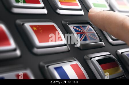 Finger pressing multilingual support buttons and choosing english language. Composite image between a hand photography and a 3D background. Stock Photo