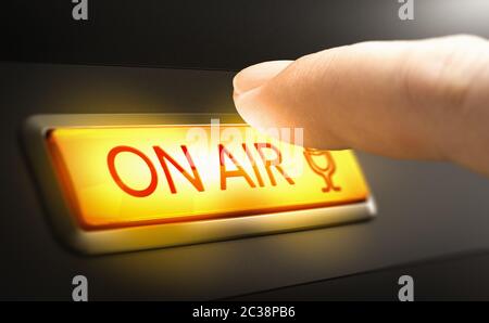Finger pressing a button to activate an on air sign. Composite image between a hand photography and a 3D background. Stock Photo