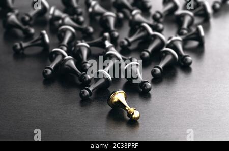3D illustration of fallen pawns over black background. Concept of key person disability and chain reaction. Stock Photo