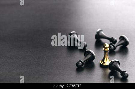 3D illustration of fallen black pawns and a golden one standing up. Black Paper Background. Concept of strategic business or competitors strategy. Stock Photo