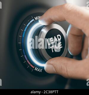 Man turning a knob to reduce manufacturing lead time. Composite image between a hand photography and a 3D background. Stock Photo