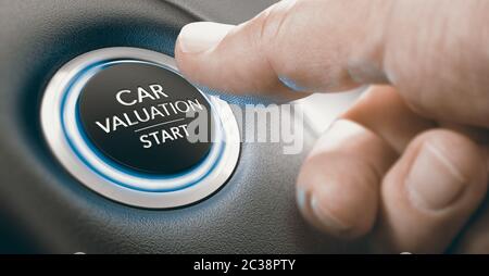 Finger pressing a keyless ingnition button where it is written the text car valuation start. Composite image between a hand photography and a 3D backg Stock Photo