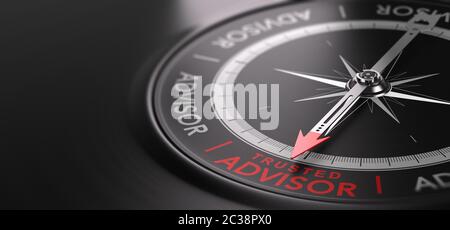 3D illustration of an abstract  compass over black background with needle pointing the text trusted advisor. Trustworthy financial advisory Concept