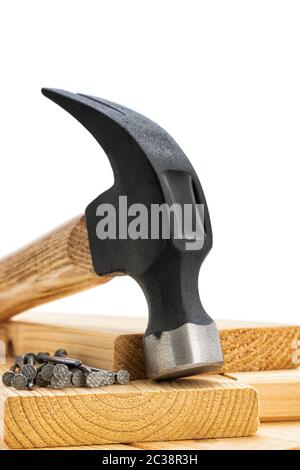 Close-up of a carpenter's hammer on white background. Construction industry, do it yourself. Stock Photo