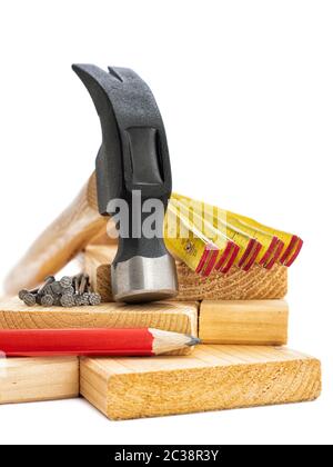 Close-up of hammer and carpenter's tools on a white background. Construction industry, do it yourself. Stock Photo