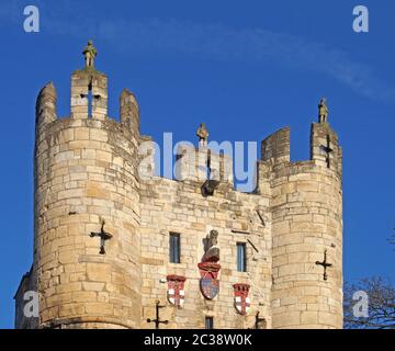 a close up of the top of Micklegate Bar the 12 century gatehouse and southern entrance to the city of york Stock Photo