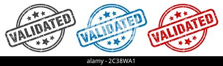 validated stamp. validated round isolated sign. validated label set Stock Vector