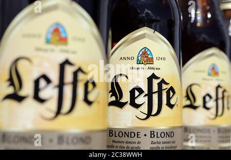 Leffe Blonde beer bottles Stock Photo