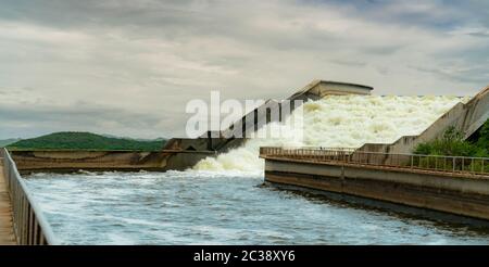 Drainage canal water bridge. Water management. Power of water. Concrete bridge structure. Infrastructure. Manmade aqueduct used to transport water for Stock Photo