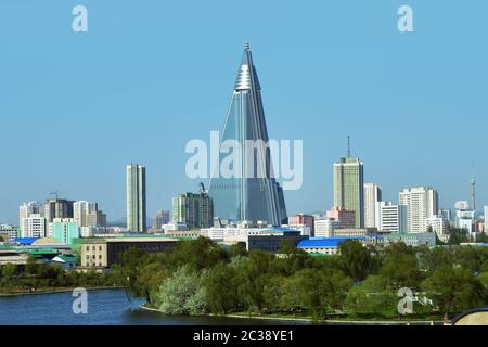 North Korea, Pyongyang - May 2, 2019: City skyline and the view on the Ryugyong Hotel, an unfinished 105-story pyramid-shaped skyscraper, the first ta Stock Photo